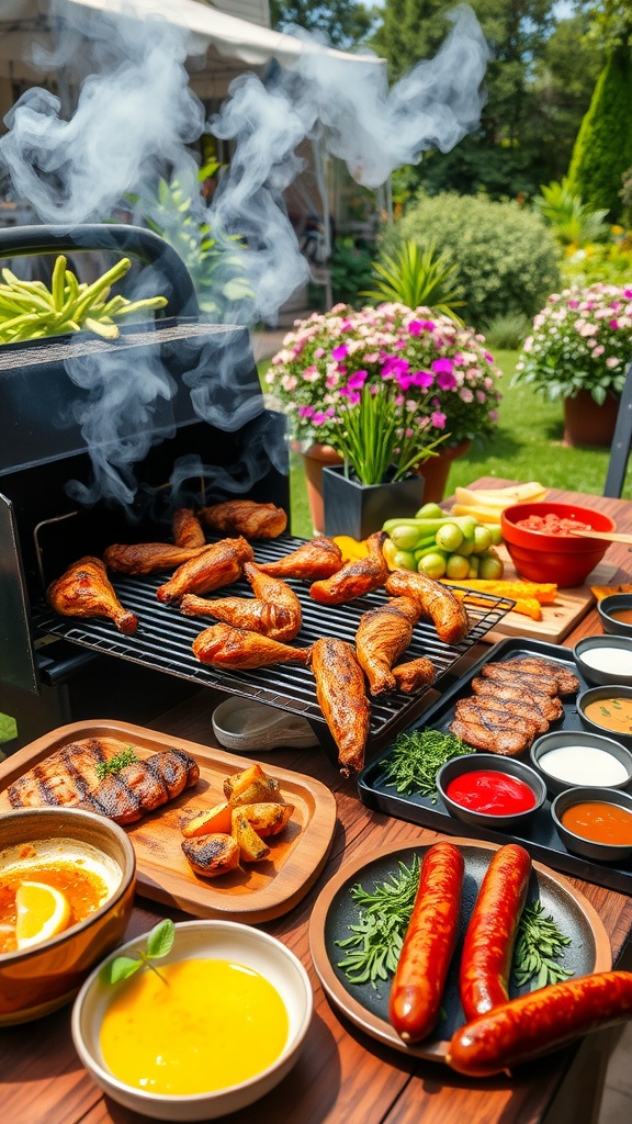 A vibrant barbecue spread with grilled meats, vegetables, and sauces in an outdoor setting.